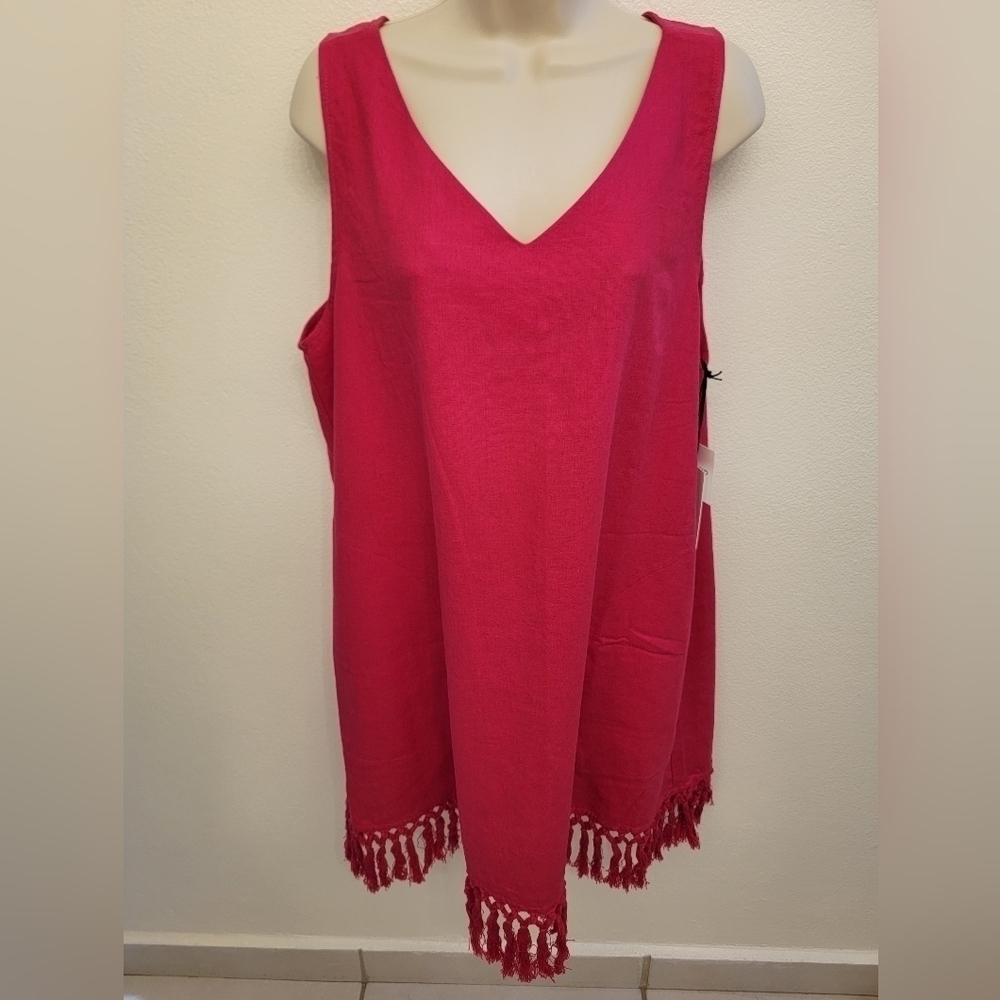 For Cynthia Linen Blend Tank Mini Dress with Tassel Fringe